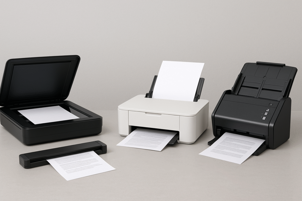 Modelos de scanners e impressoras usados para digitalizar documentos: scanner de mesa, scanner portátil, impressora multifuncional e scanner com alimentador automático.